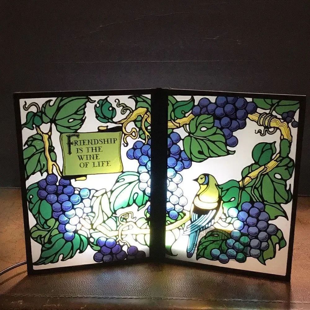 Vintage folding stained glass grapevine, and Bird friendship is the wine of life